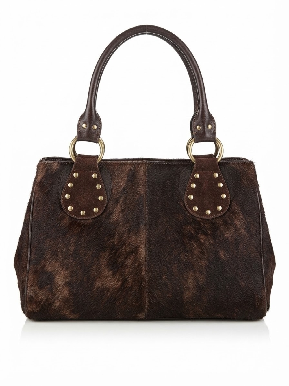 Valerie Stevens Brown Haircalf Satchel with Stud Accents